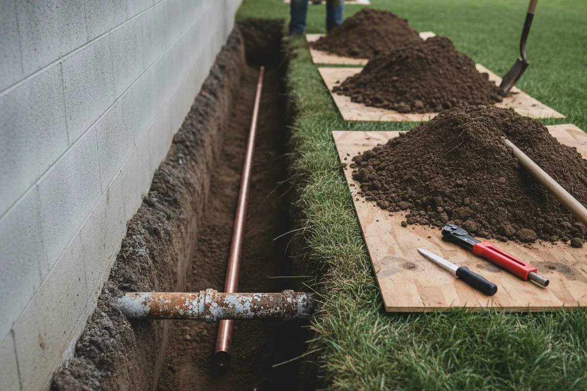 Excavated water line trench during Water Softener Installation in Fennville